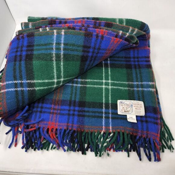 VINTAGE WAVERLEY WOOLEN MILLS PURE WOOL THROW BLANKET TARTAN PLAID 61" X 64" - Picture 3 of 3